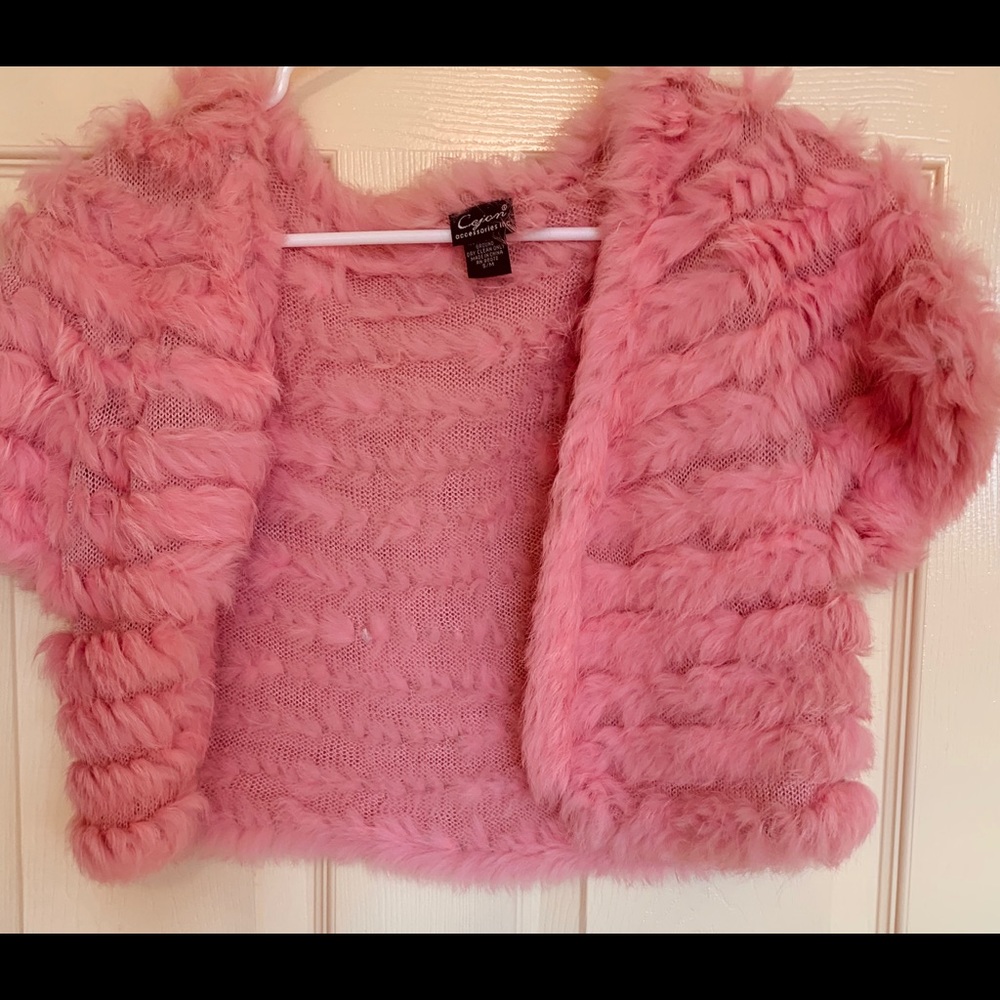 Fuzzy, pink, open-front, cardigan.